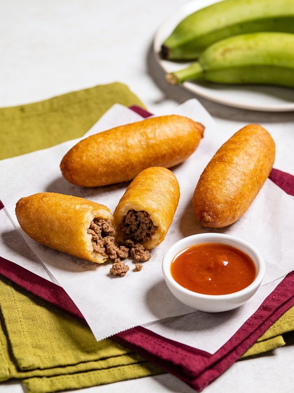 Golden fried alcapurrias on parchment, one broken open to show a ground beef filling, with a small bowl of red dipping sauce and green plantains.