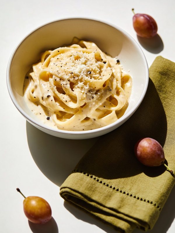 Fettuccine coated in creamy Alfredo sauce with grated parmesan and cracked black pepper.