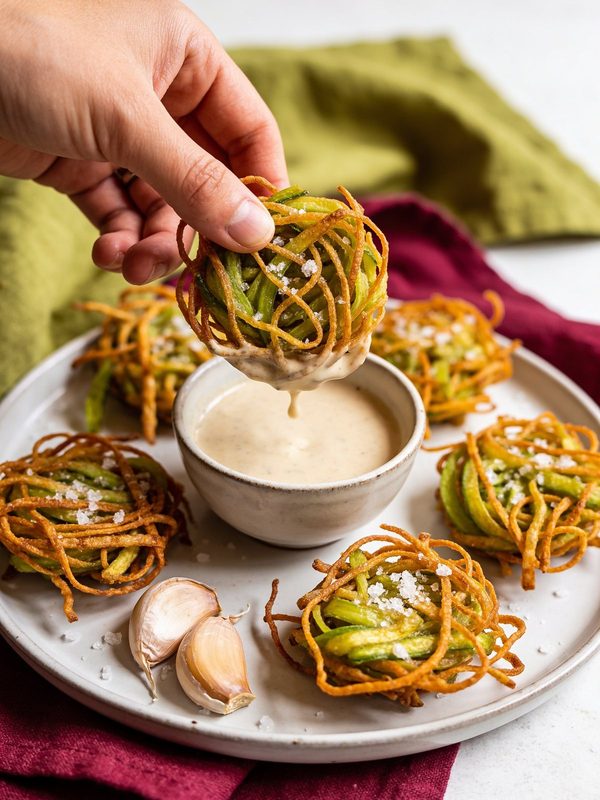 A hand dipping a crispy plantain nest into a creamy garlic sauce, with more nests and garlic cloves on a plate.