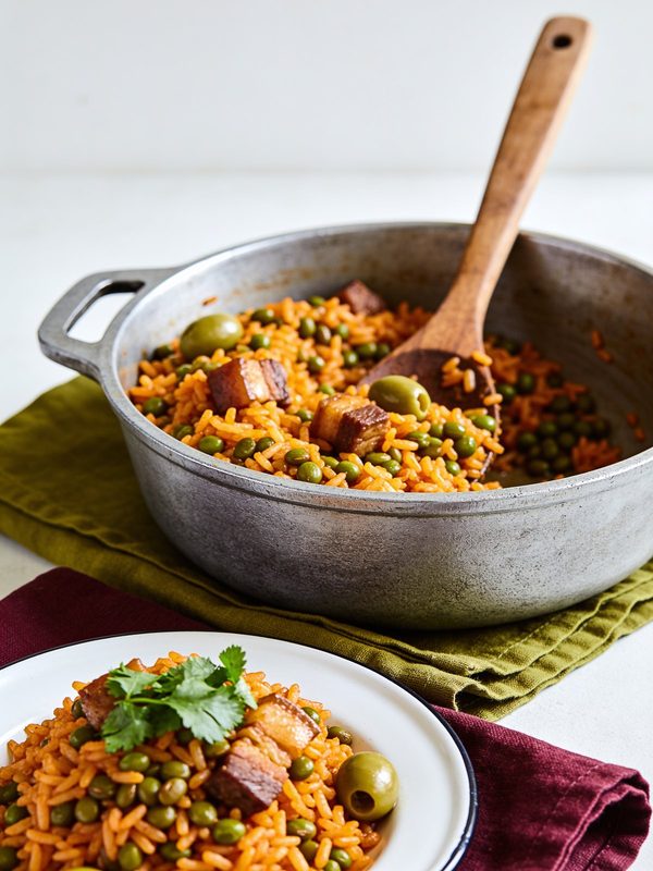 Golden rice with green pigeon peas and olives in a serving dish.