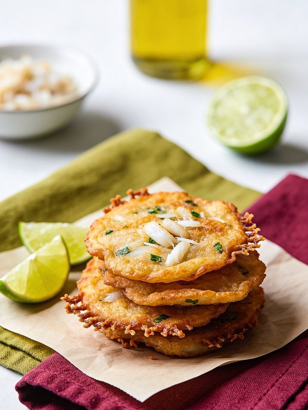 A stack of thin, crispy golden salt cod fritters with flakes of cod and herbs, on parchment with lime wedges.