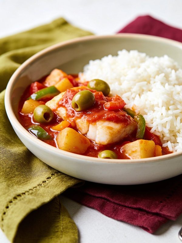 Salt cod stew with potatoes, green pepper strips and green olives in tomato sauce, next to white rice in a bowl.