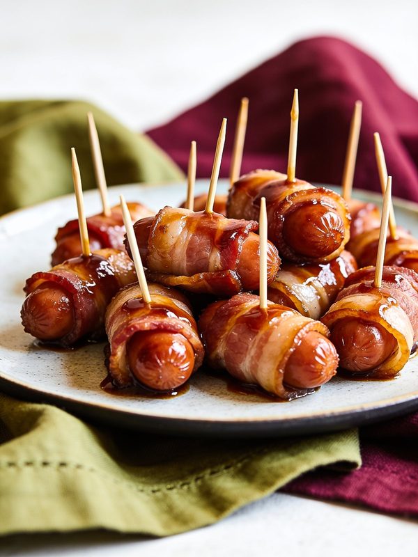 Bacon-wrapped cocktail sausages with a glossy brown sugar glaze and toothpicks, piled on a plate.