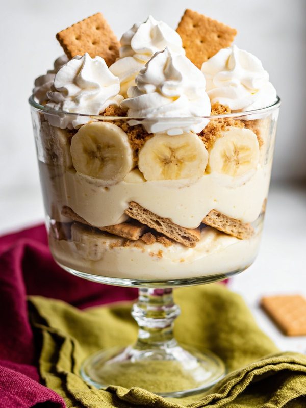 A glass trifle dish with layers of vanilla pudding, banana slices and graham crackers, topped with whipped cream and whole crackers.