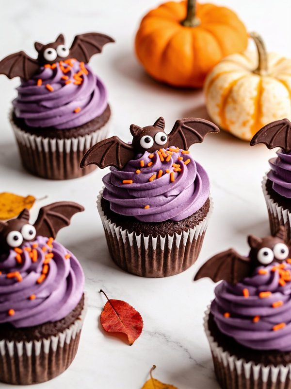 Chocolate cupcakes with purple buttercream swirls, orange sprinkles and chocolate bats with candy eyes and spread wings.
