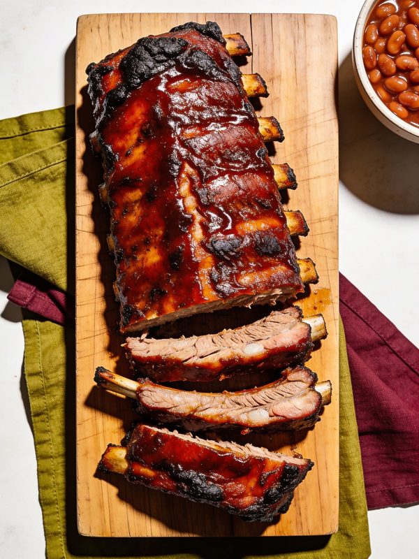 A rack of baby back ribs glazed with sticky reddish brown barbecue sauce with charred edges, partly sliced on a wooden board, with a bowl of baked beans.