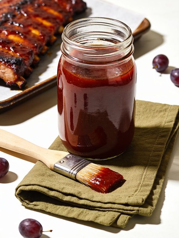 A glass jar of thick, glossy dark red barbecue sauce with a basting brush and grilled ribs beside it.