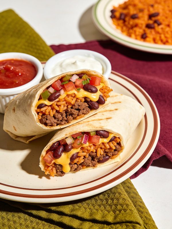 A beef burrito cut in half to show seasoned ground beef, orange Mexican rice, beans, melted cheese and pico de gallo, with red salsa and sour cream.