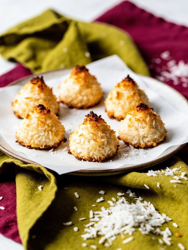 Small coconut mounds with toasted golden tips on parchment paper, with shredded coconut scattered on a green napkin.