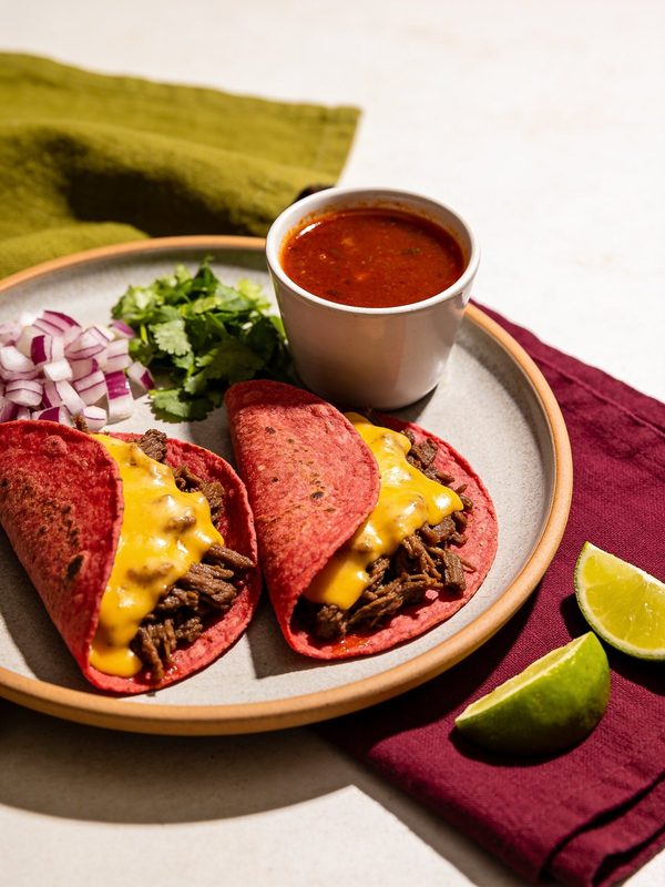 Two crisp red birria tacos with melted cheese and shredded beef on a plate, with a cup of consommé, chopped onion, cilantro and lime wedges.