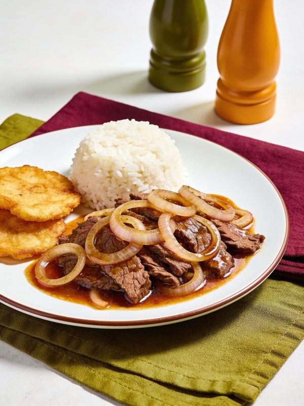 Tender steak strips with soft onion rings in a light sauce, with white rice and tostones on a plate.