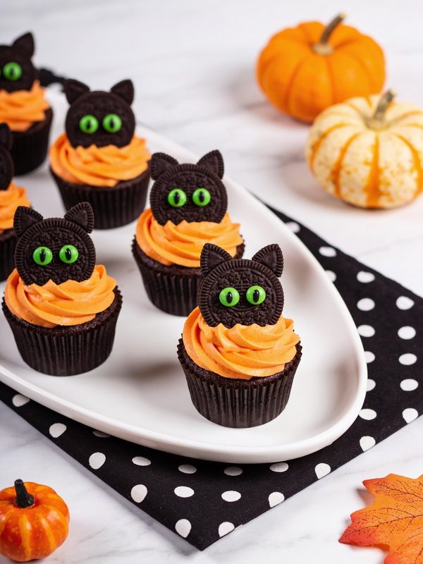 Chocolate cupcakes with orange buttercream swirls topped with black cat faces made from cookies with green candy eyes, on a white platter over polka dot linen.