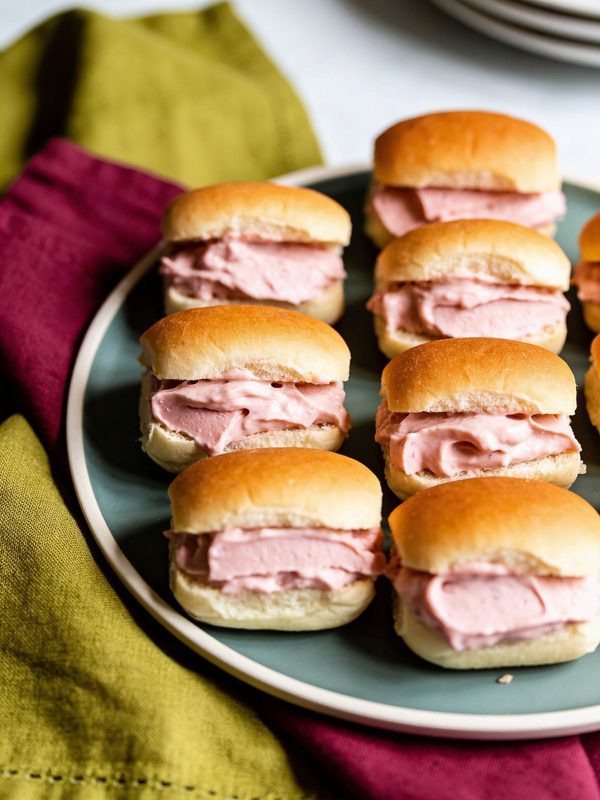 Mini soft rolls filled with a creamy pink ham spread, lined up on a round platter.