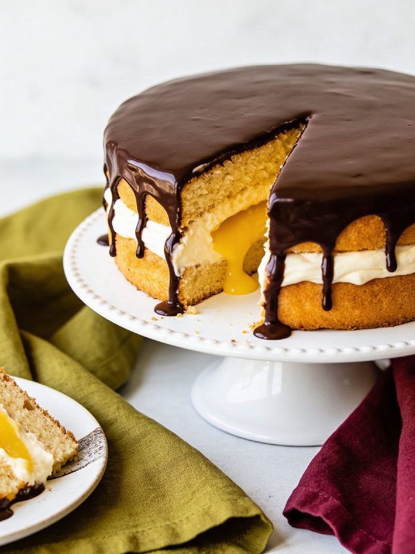 Boston cream pie on a white cake stand with chocolate glaze dripping down the sides and a wedge cut out to show the vanilla cream filling.