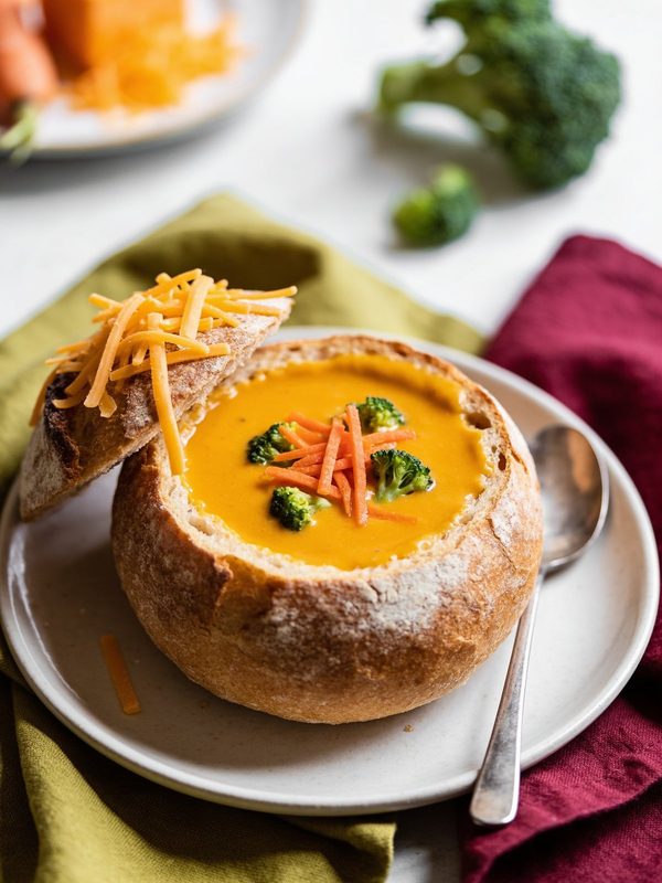 Golden broccoli cheddar soup with small broccoli florets and shredded carrot in a round sourdough bread bowl, with its lid topped with shredded cheddar.