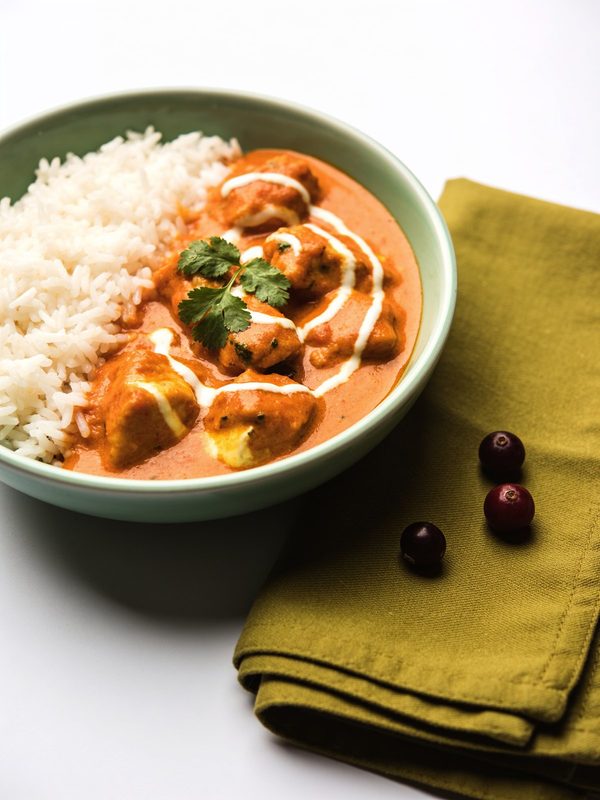 Butter chicken in an orange tomato cream sauce with white rice and cilantro.