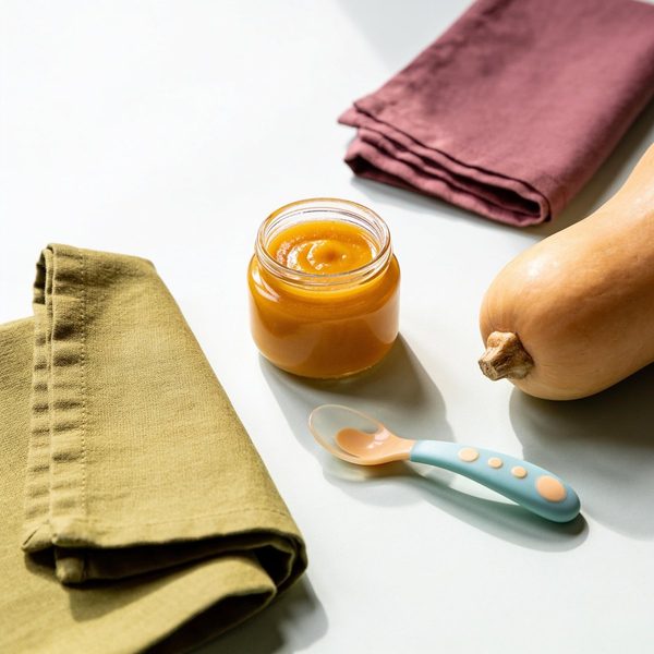 A small glass jar of smooth golden butternut squash puree with a silicone baby spoon and a whole butternut squash beside it.