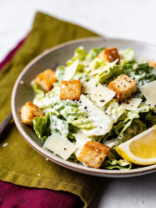 Torn romaine in creamy Caesar dressing with golden croutons, shaved Parmesan, cracked black pepper and a lemon wedge in a wide bowl.