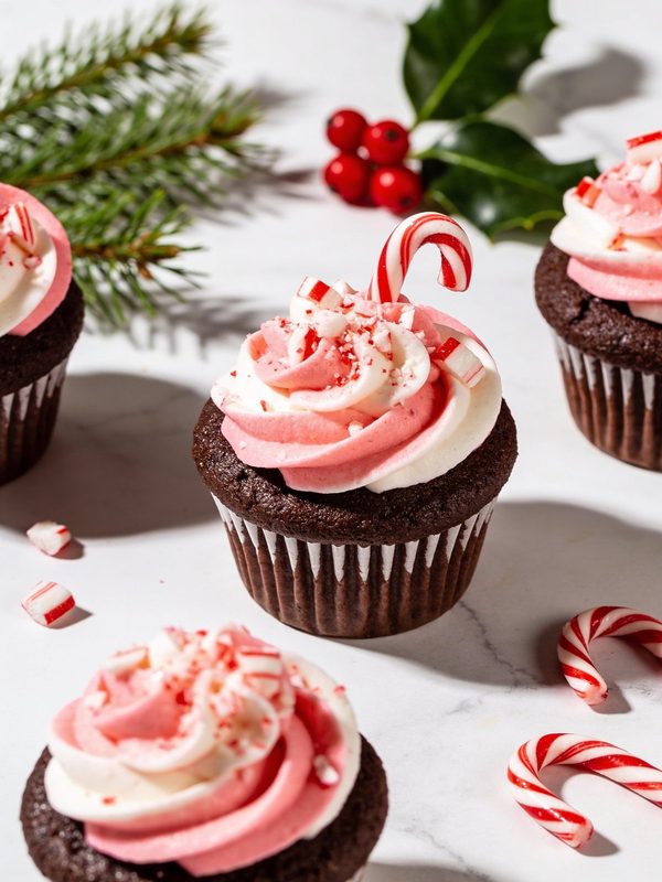 Chocolate cupcakes with pink and white peppermint buttercream swirls, crushed candy canes and a mini candy cane on top.