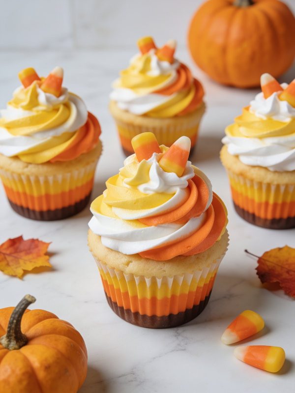 Vanilla cupcakes with striped yellow, orange and white buttercream swirls topped with candy corn, with pumpkins and autumn leaves.