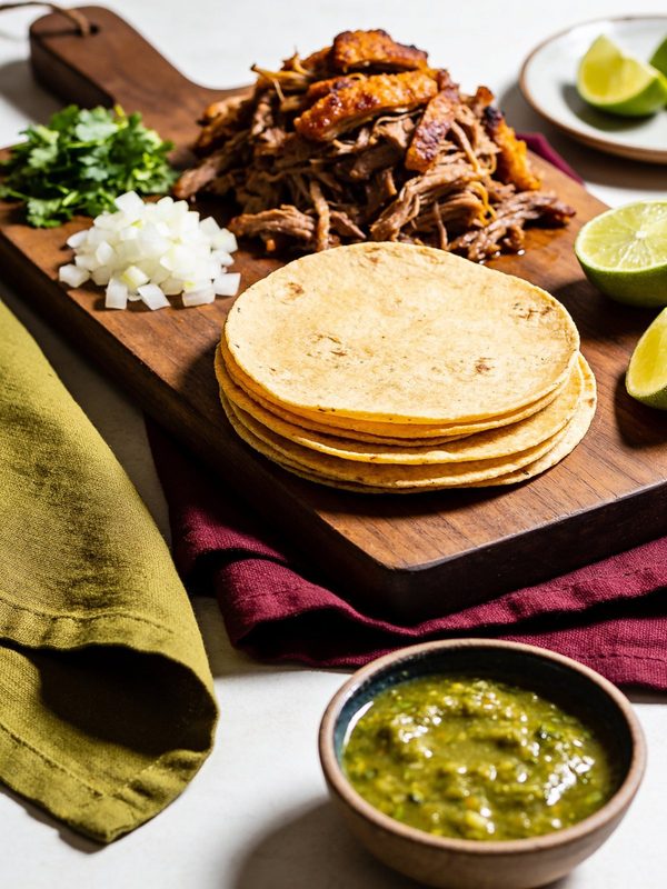 A wooden board with a pile of shredded carnitas with crisp browned pieces, a stack of corn tortillas, chopped onion, cilantro, lime wedges and a bowl of salsa verde.