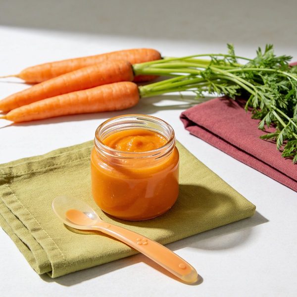 A small glass jar of smooth bright orange carrot puree with a silicone baby spoon and fresh carrots with green tops beside it.