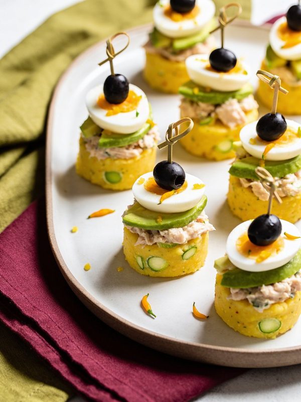 Small rounds of yellow potato topped with chicken salad, avocado, a slice of egg and a black olive on a pick, on a platter.