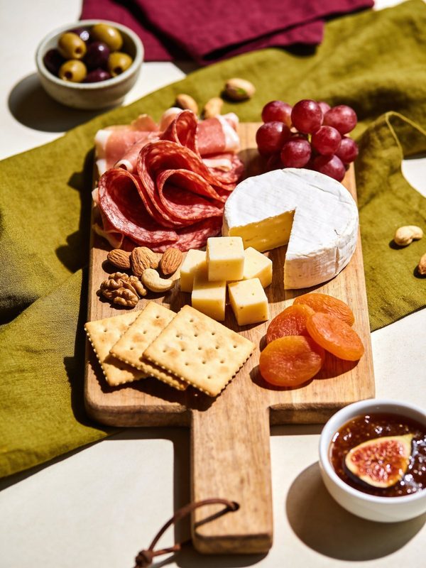 A wooden board with folded salami and prosciutto, a wheel of brie, cheese cubes, crackers, red grapes, nuts and dried apricots, with bowls of olives and fig jam.
