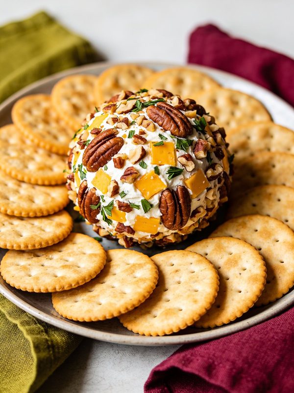 A cream cheese and cheddar ball coated in chopped pecans, herbs and small cheddar cubes, on a platter surrounded by round crackers.