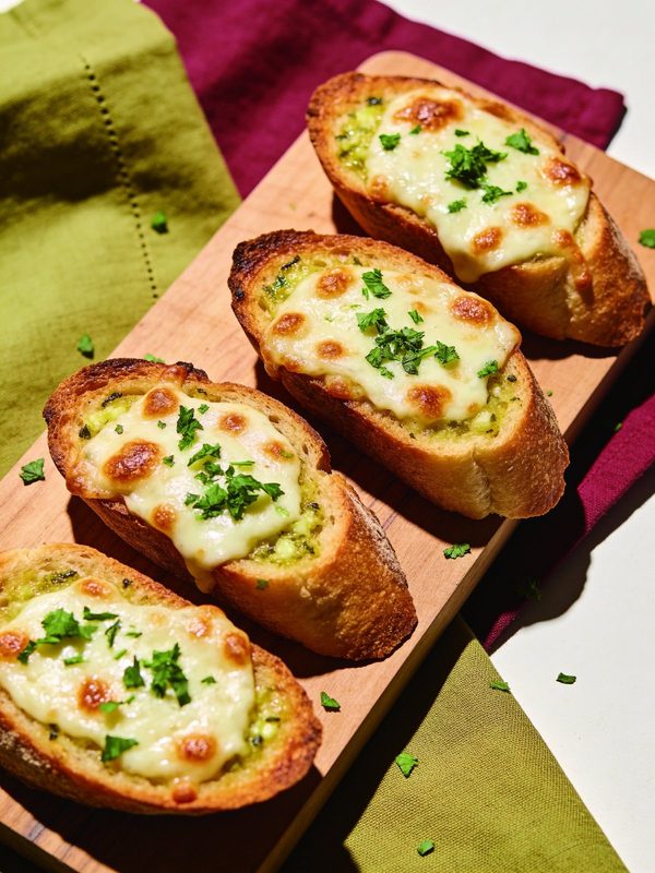 Pieces of toasted Italian bread with garlic butter and melted, lightly browned mozzarella, sprinkled with parsley on a wooden board.