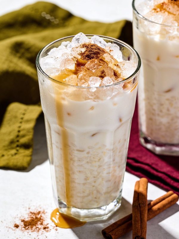 Two tall glasses of creamy chicha over crushed ice, topped with ground cinnamon and a golden drizzle, with cinnamon sticks on the side.