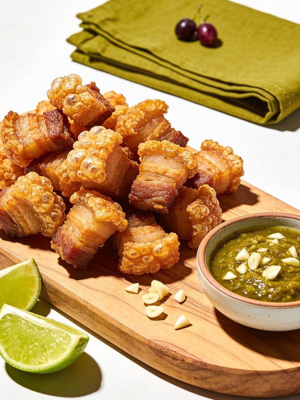 Bite-size pieces of fried pork belly with puffed golden crackling on a wooden board, with lime wedges.