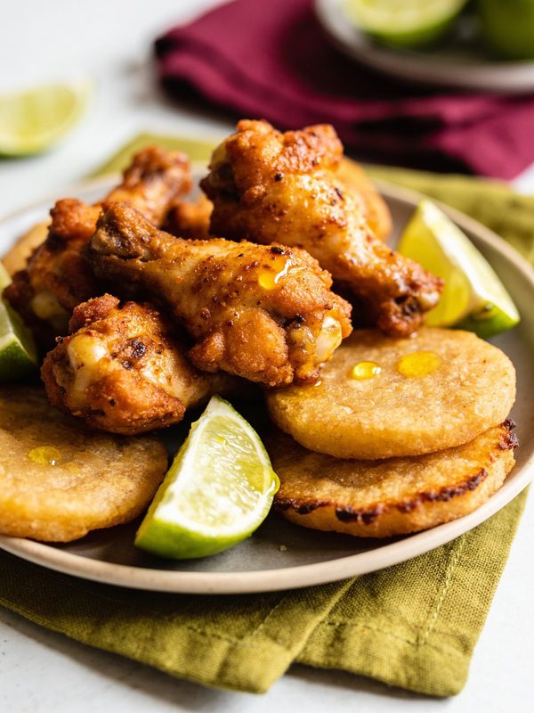 Golden fried chicken wings drizzled with garlic oil over crispy tostones, with lime wedges.