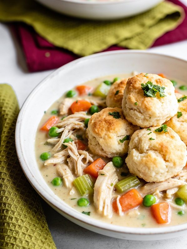 A bowl of creamy chicken stew with carrots, celery and peas, topped with golden biscuit dumplings and parsley.