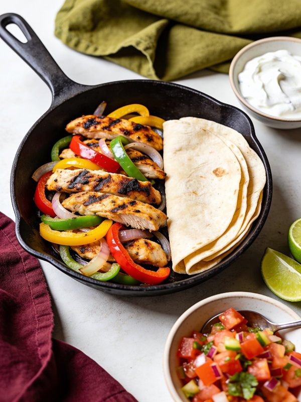 Grilled chicken strips with red, yellow and green peppers and red onion in a cast iron skillet, with flour tortillas, sour cream, pico de gallo and lime.