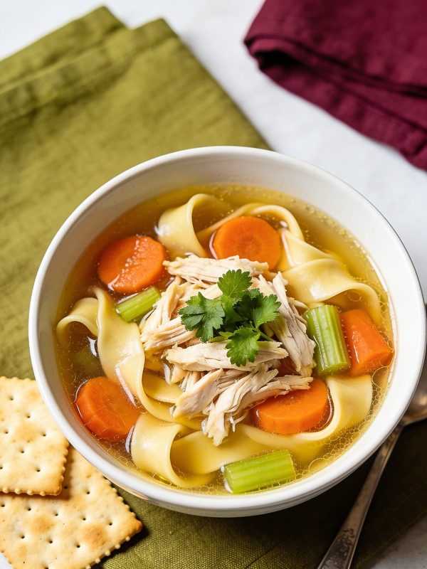 A bowl of clear golden chicken broth with shredded chicken, wide egg noodles, carrot slices, celery and parsley, with saltine crackers on the side.