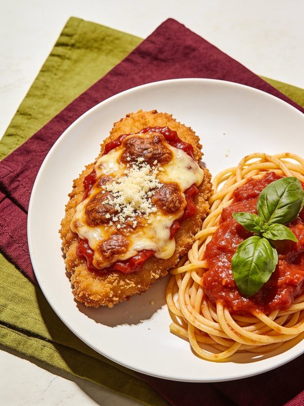 A breaded golden chicken cutlet topped with marinara and browned melted mozzarella and Parmesan, next to spaghetti in red sauce with fresh basil.