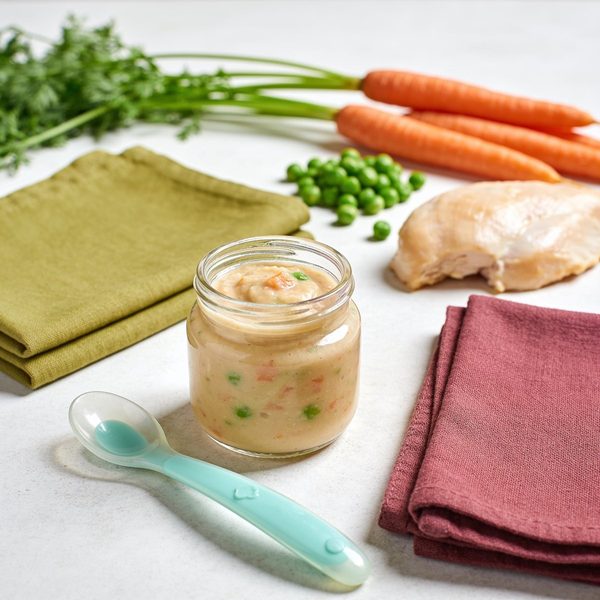 A small glass jar of chicken and vegetable puree with a silicone baby spoon, fresh carrots, green peas and a cooked chicken breast beside it.