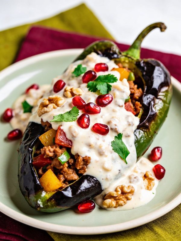 A roasted poblano chile stuffed with meat and fruit picadillo, covered in white walnut sauce and topped with pomegranate seeds, walnuts and fresh herbs.