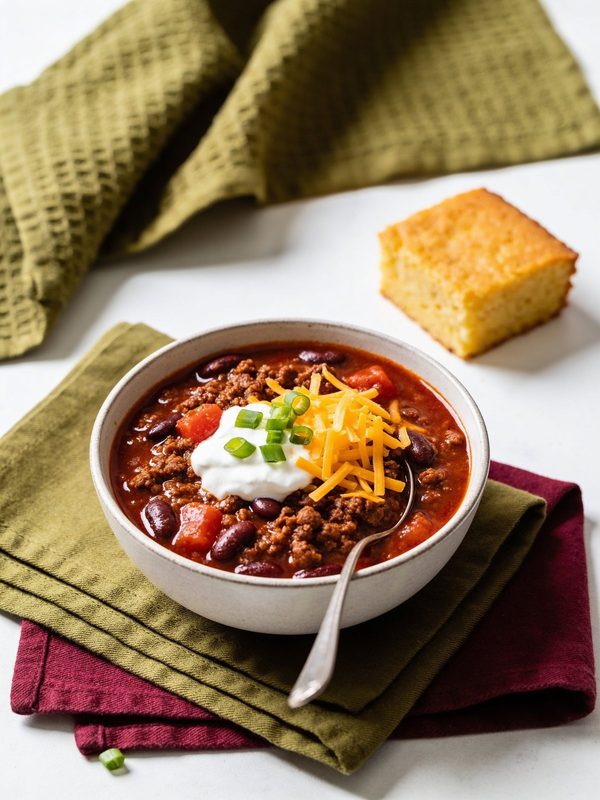 A bowl of thick red beef chili with kidney beans and tomatoes, topped with shredded cheddar, sour cream and green onions, with a square of cornbread behind it.