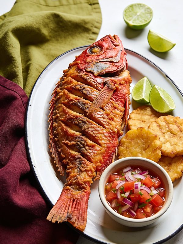 A whole fried red snapper on a platter with tostones, lime wedges and a small bowl of tomato and red onion salsa.