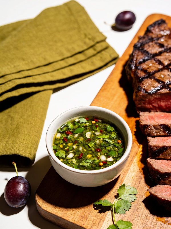 A small bowl of green chimichurri with chopped parsley, garlic and red pepper flakes beside sliced grilled steak.