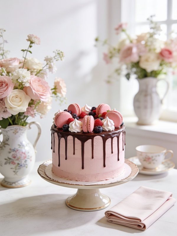 A tall pastel pink cake with a glossy chocolate drip, topped with pink macarons, meringue kisses and fresh berries, on a cake stand with flowers behind.