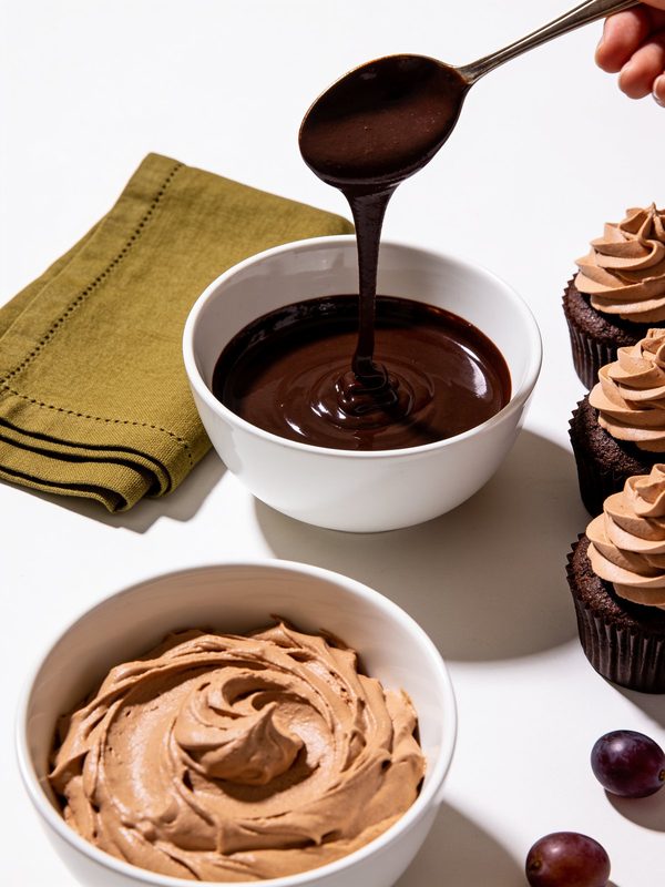 Ganache de chocolate oscuro y brillante chorreando de una cuchara, con un tazón de ganache batido y cupcakes de chocolate al lado.