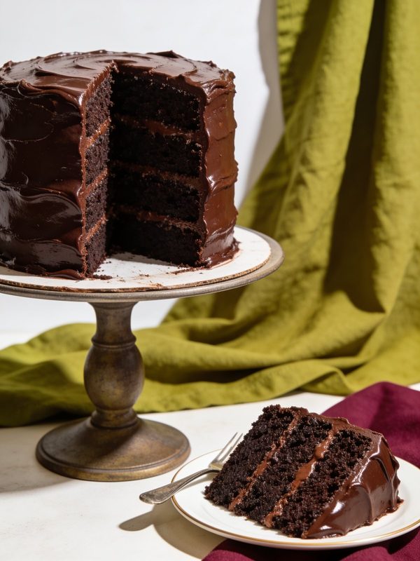 A tall three-layer chocolate cake with glossy chocolate frosting on a cake stand, with one slice on a plate.