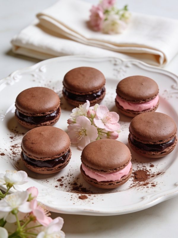 Chocolate macarons with dark ganache and a few with pink filling on a white plate dusted with cocoa, with pink blossoms.