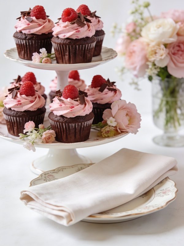 Chocolate cupcakes with pink raspberry buttercream swirls, fresh raspberries and chocolate shavings on a two-tier cake stand with pink flowers.
