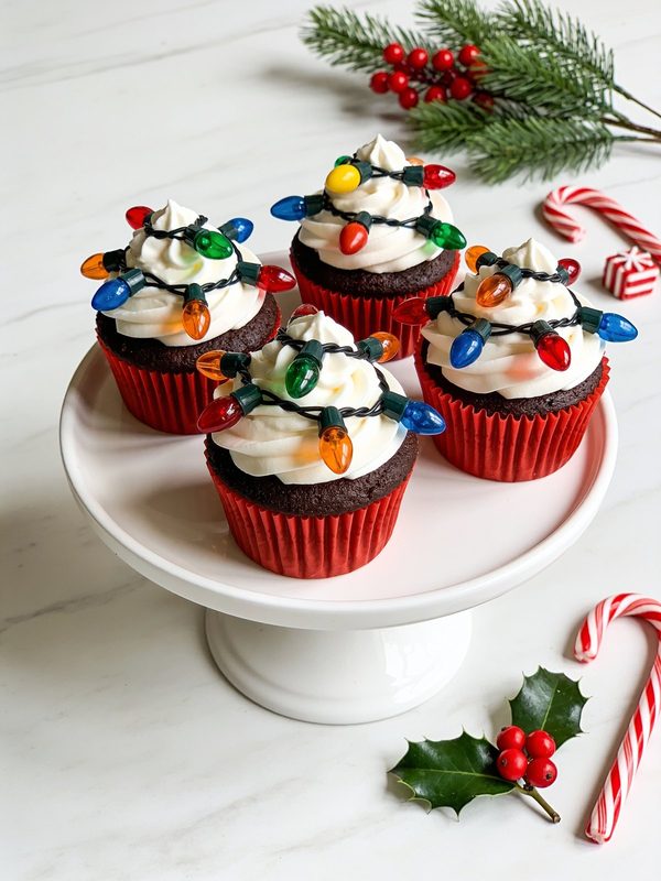 Chocolate cupcakes in red liners with white frosting swirls wrapped in a black icing wire with colorful candy Christmas light bulbs, on a white cake stand.