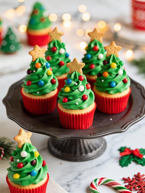 Vanilla cupcakes in red liners with tall green buttercream Christmas trees, colorful candy ornaments and golden cookie stars, on a dark cake stand with twinkling lights.