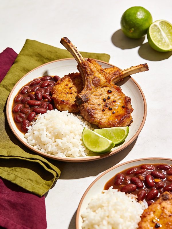 Golden fried bone-in pork chops with lime wedges, white rice and red beans on a plate.